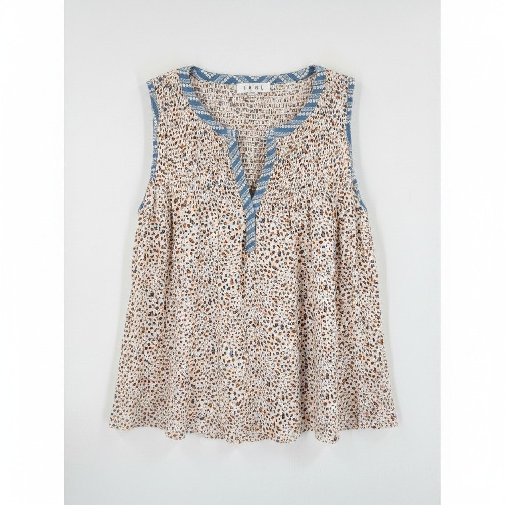 THML Cream and Blue Sleeveless Printed Peasant Top